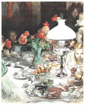 um die Lampe am Abend 1900 Carl Larsson Ölgemälde